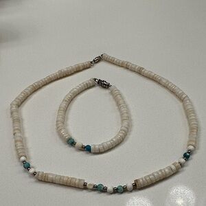 Vintage  Cream and Turquoise Beaded Necklace and Bracelet Set